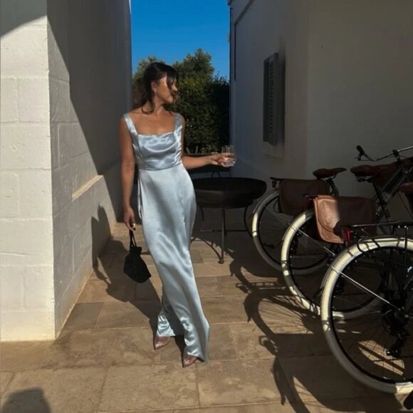 Reformation | NWT 100% Silk Solay Maxi Slit Sleeveless‎ Dress in Mineral Blue - Picture 5 of 12